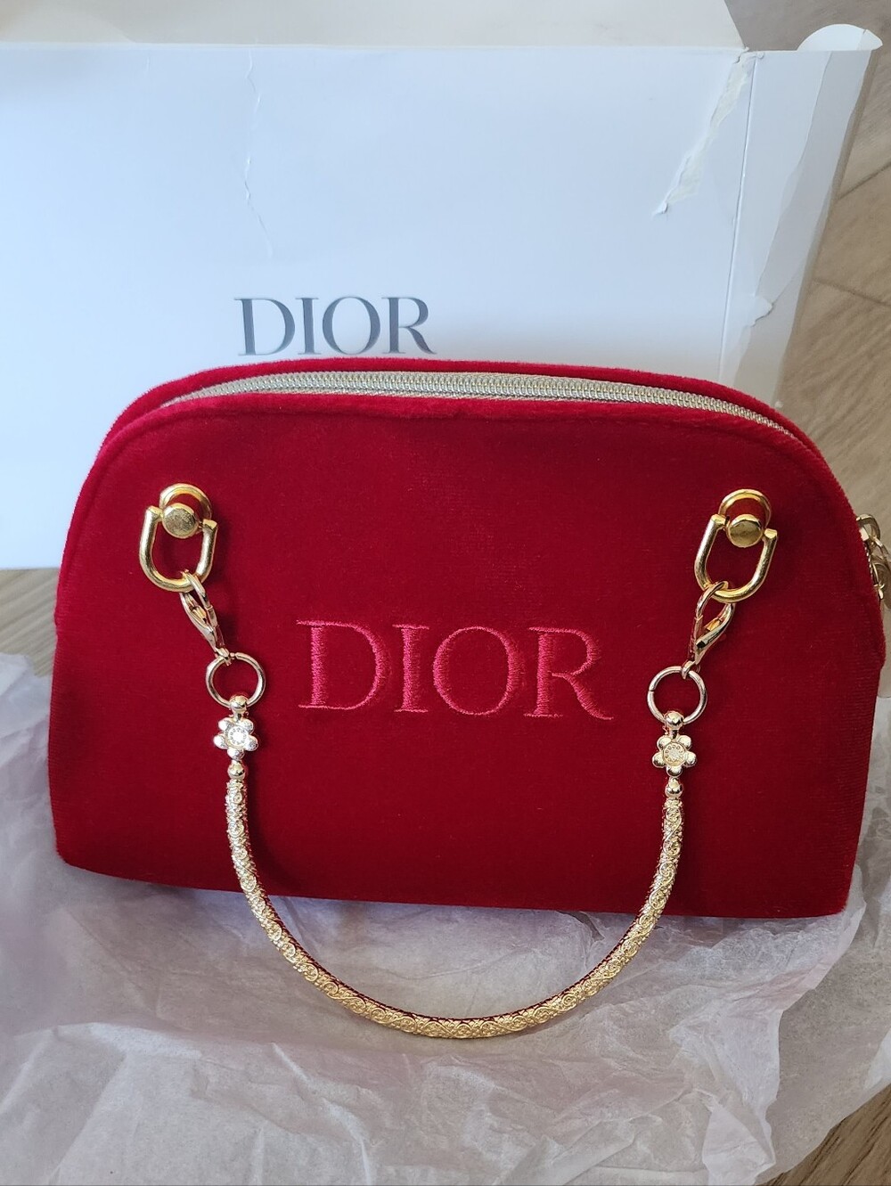 Dior Embossed Logo Red Velvet Small Pouch Hand Bag With Gold Handles New